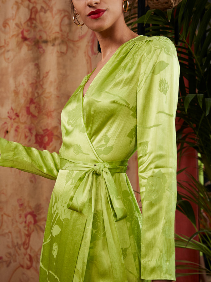 Effie Lime Green Jacquard Wrap Dress | Women's Wrap Dresses | KITRI
