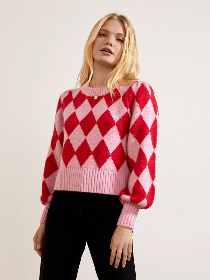 Elliott Pink And Red Diamond Checker Sweater by KITRI Studio