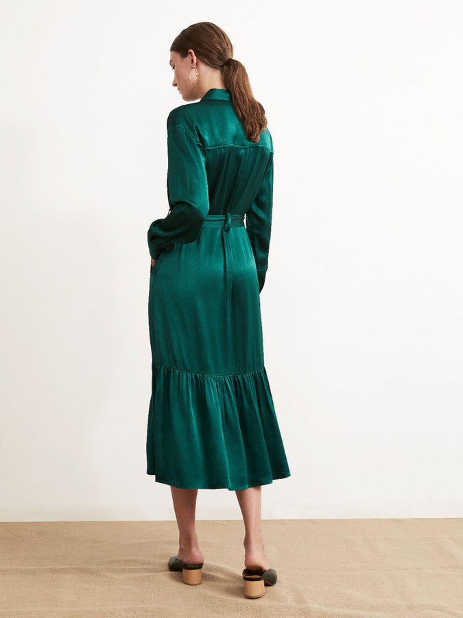 BELTED SATIN SHIRT DRESS - Emerald