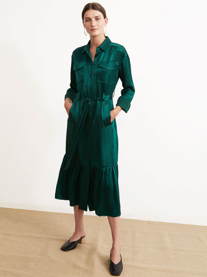 Eloise Green Satin Belted Shirt Dress by KITRI Studio