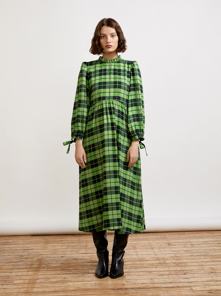 Elsa Frill Neck Green Check Midi Dress by KITRI Studio