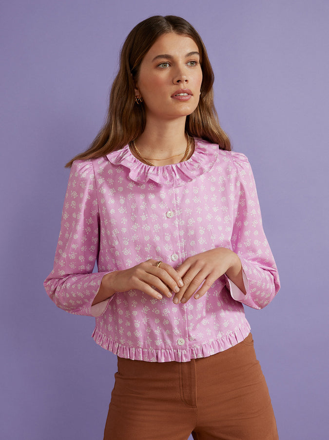 Everly Pink Floral Frilled Cotton Top