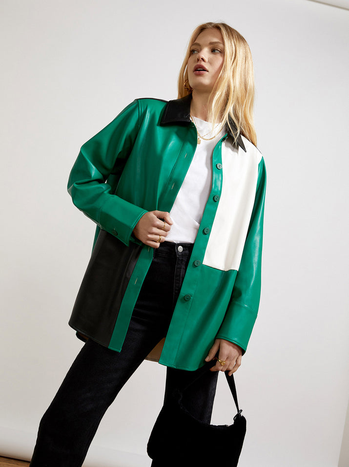 Ezra Green Colourblock Faux-Leather Overshirt by KITRI Studio