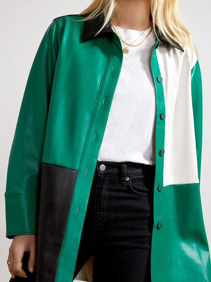 Ezra Green Colourblock Faux-Leather Overshirt | KITRI Studio