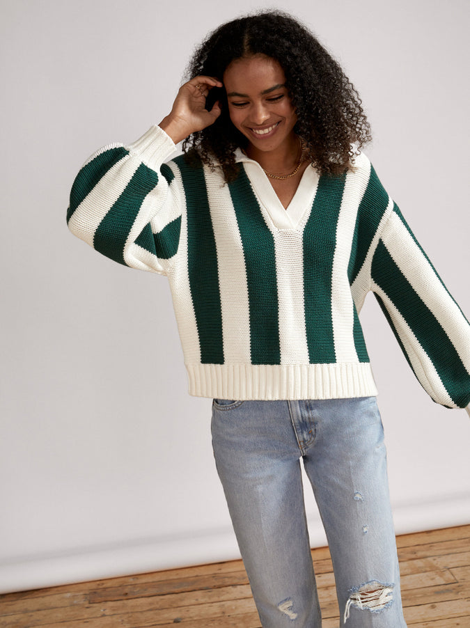 Fay Green Stripe Cotton Polo Sweater  by KITRI Studio