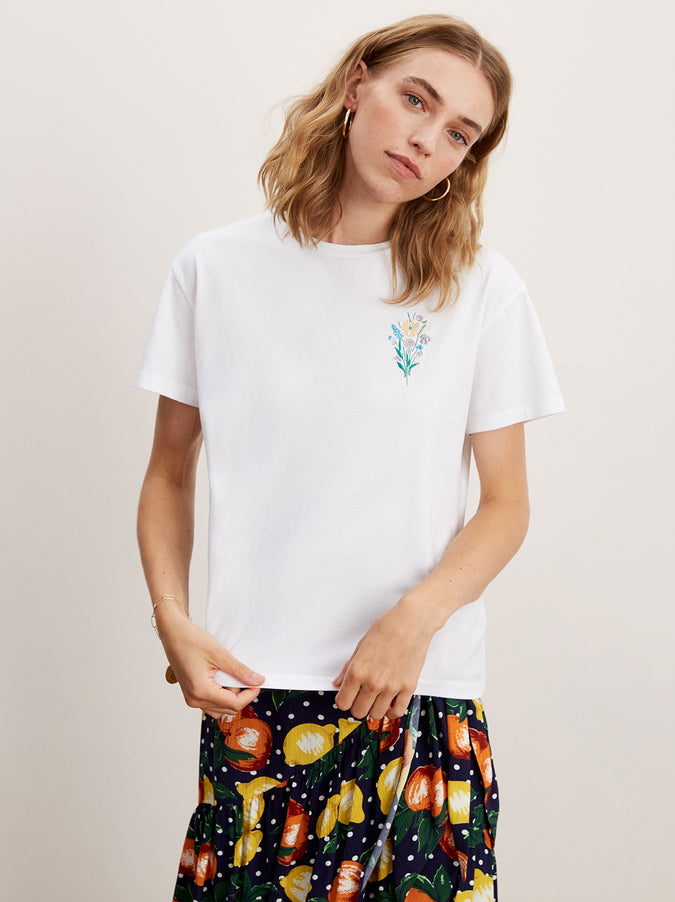 Flower White Cotton Embroidered T-shirt by KITRI Studio 