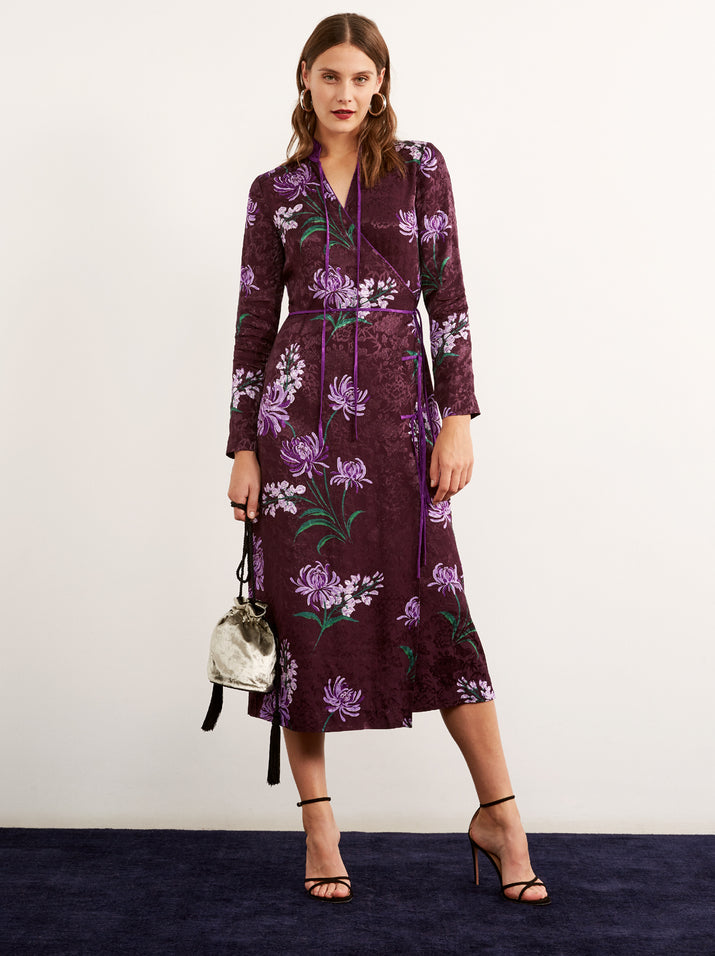 Frida Purple Floral Print Midi Wrap Dress by KITRI Studio