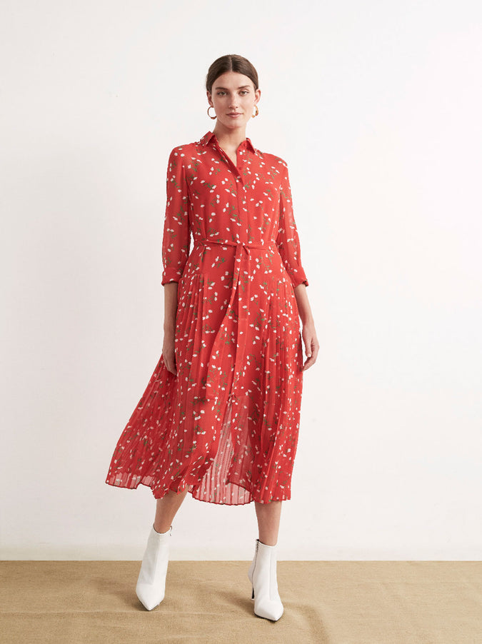 Gabriella Red Floral Print Pleated Shirt Dress by KITRI Studio