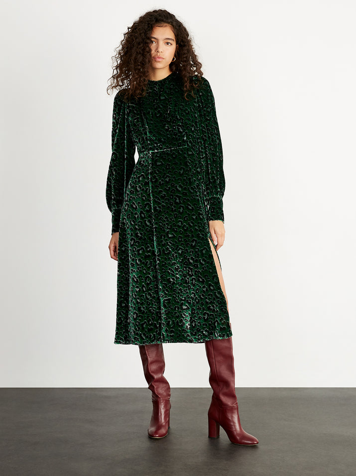 Gloria Green Leopard Print Velvet Midi Dress by KITRI Studio 
