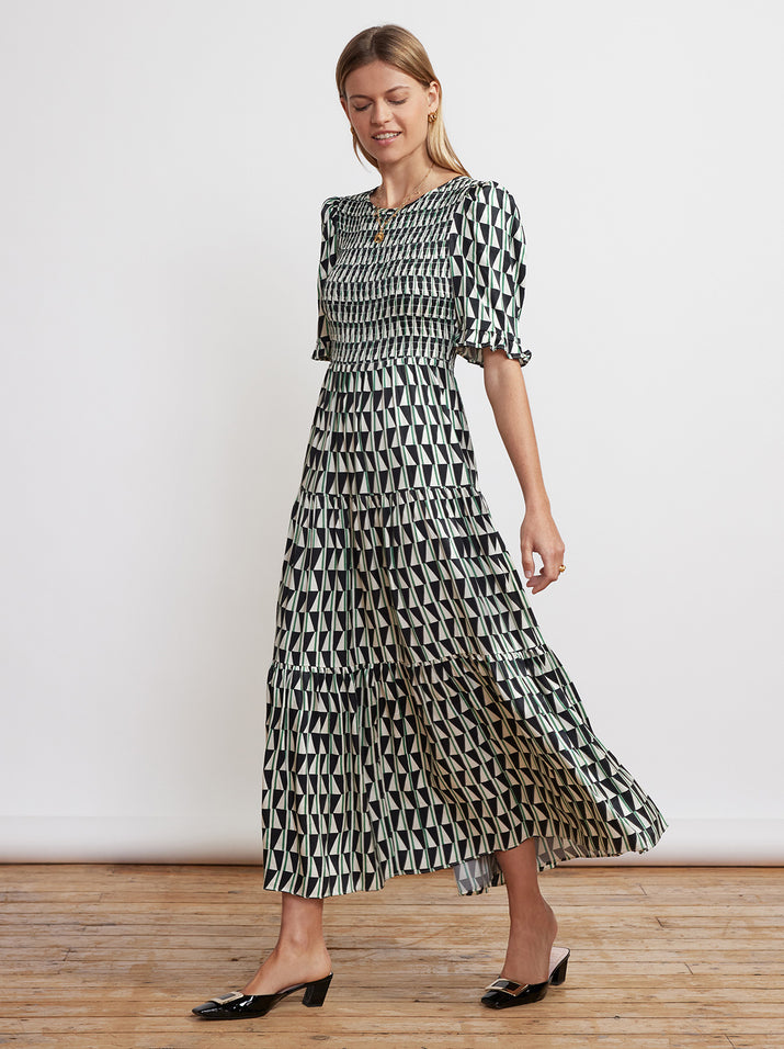 Gracie Shirred Green Tile Print Dress by KITRI Studio