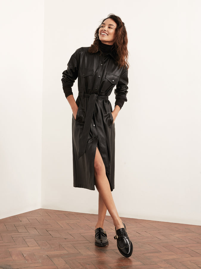 Jacqueline Black Vegan Leather Shirt Dress by KITRI Studio