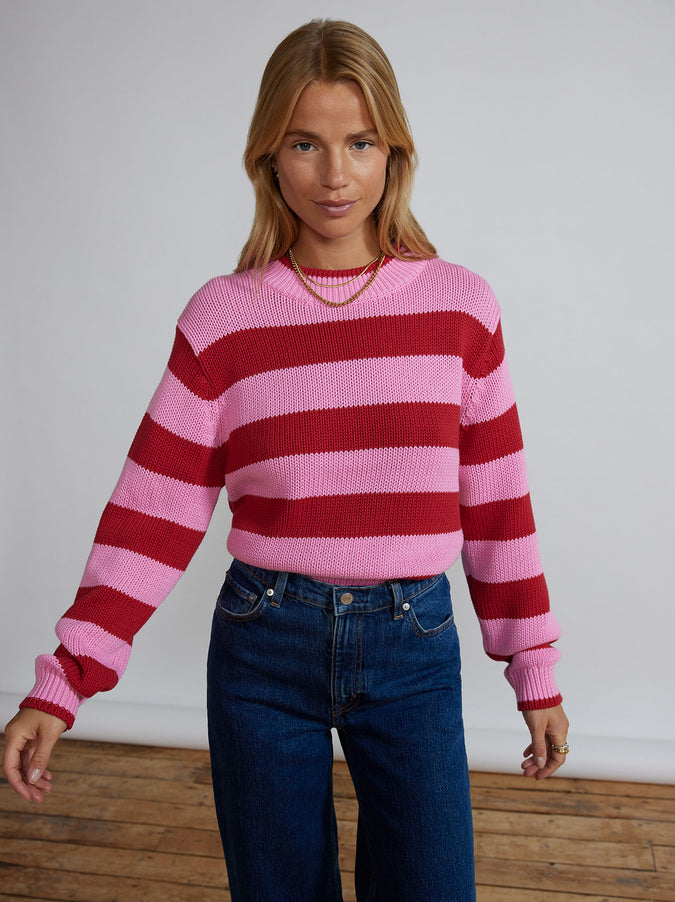 Joelle Pink And Red Stripe Cotton Sweater by KITRI Studio
