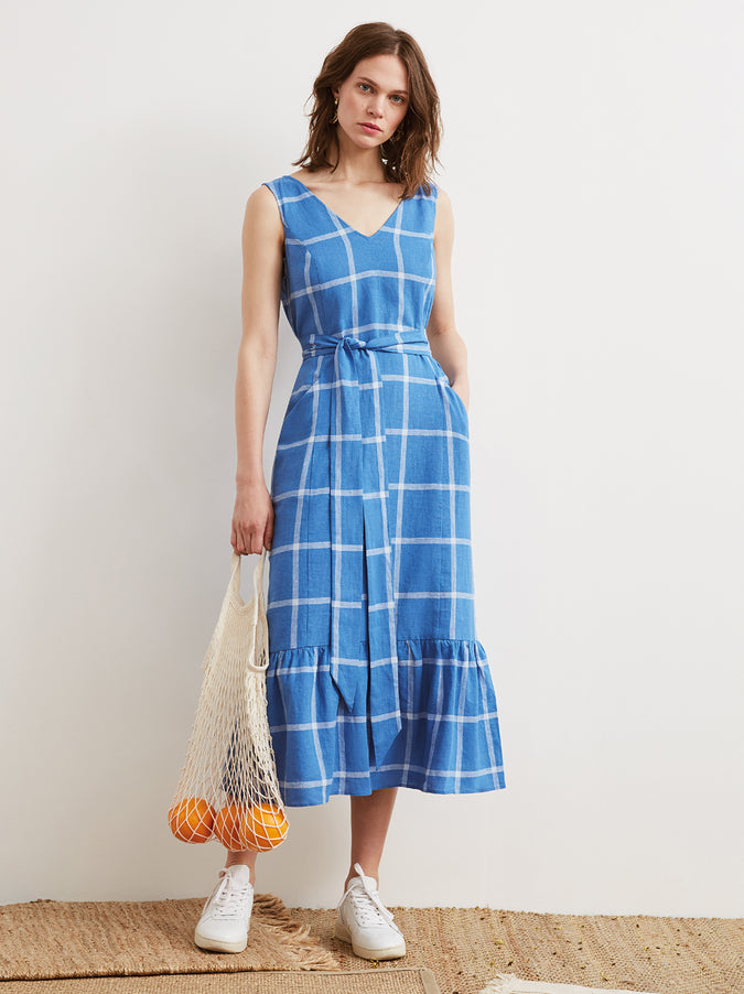Caroline Cornflower Blue Check V-Neck Midi Dress by KITRI Studio