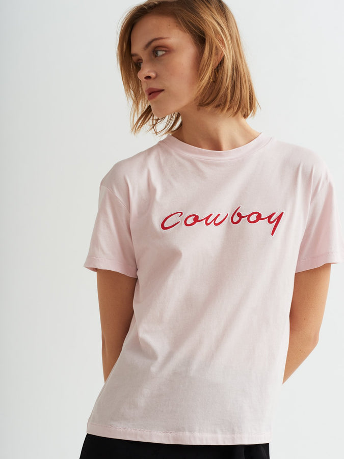Cowboy Printed Pink Cotton Crew Neck T-shirt by KITRI Studio