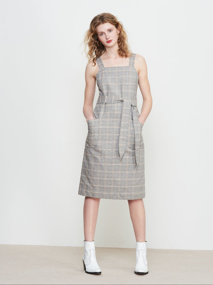 Kiara Grey Check Linen Tie Waist Pinafore Dress by KITRI Studio 