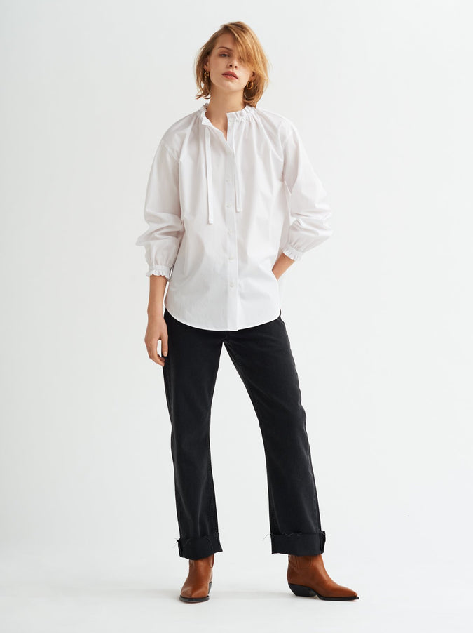 Lucinda White Gathered Neck Cotton Shirt by KITRI Studio
