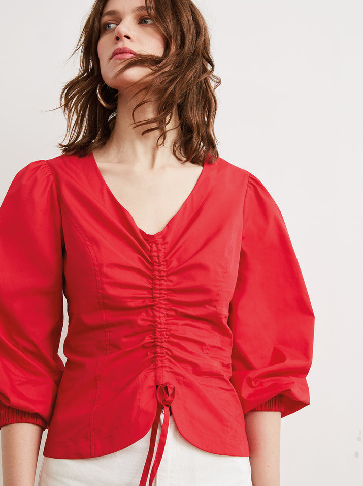 Riley Red Ruched Cotton Statement Sleeve Shirt by KITRI Studio