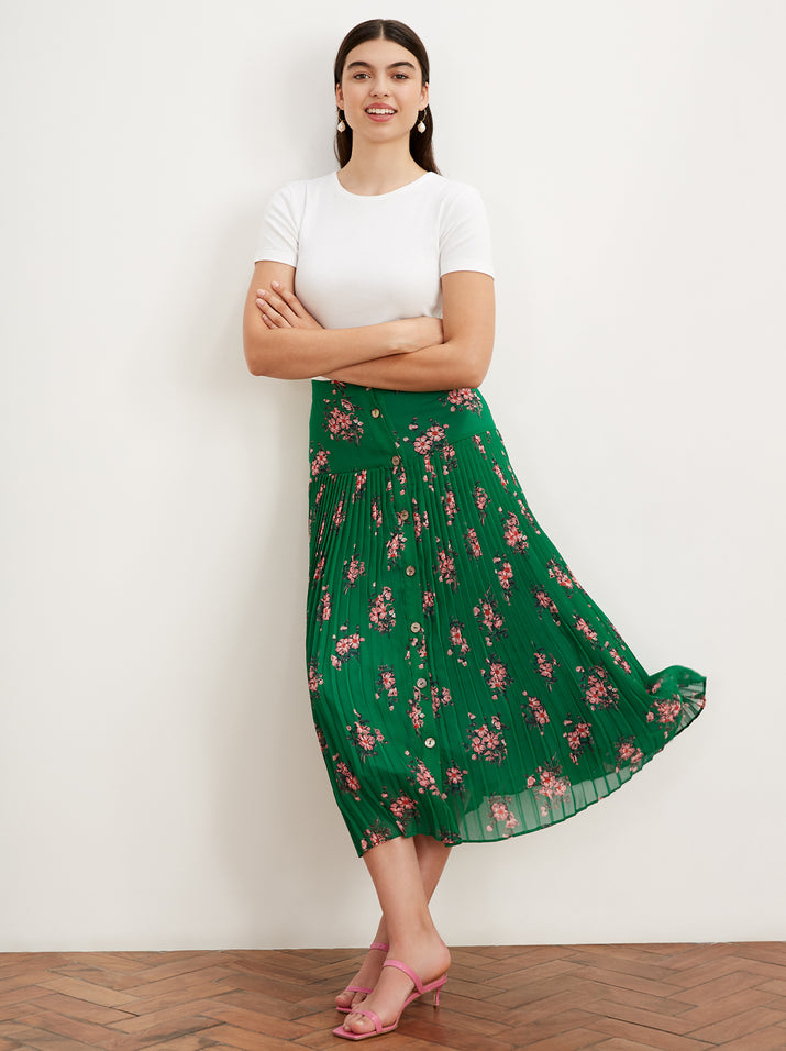Kristi Green Floral Print Pleated Midi Skirt by KITRI Studio