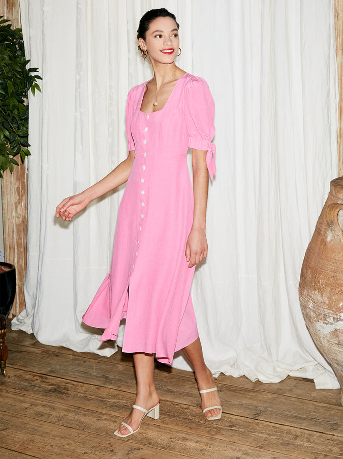 Lenora Pink Tie Sleeve Midi Dress by KITRI Studio
