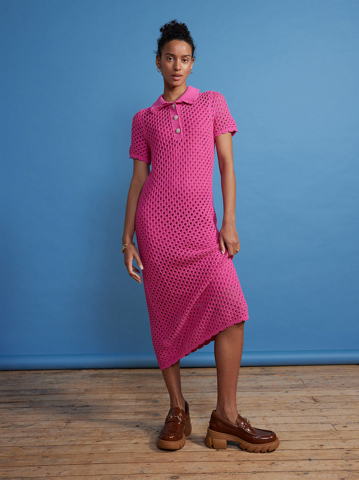 Lillia Pink Crochet Polo Dress by KITRI Studio