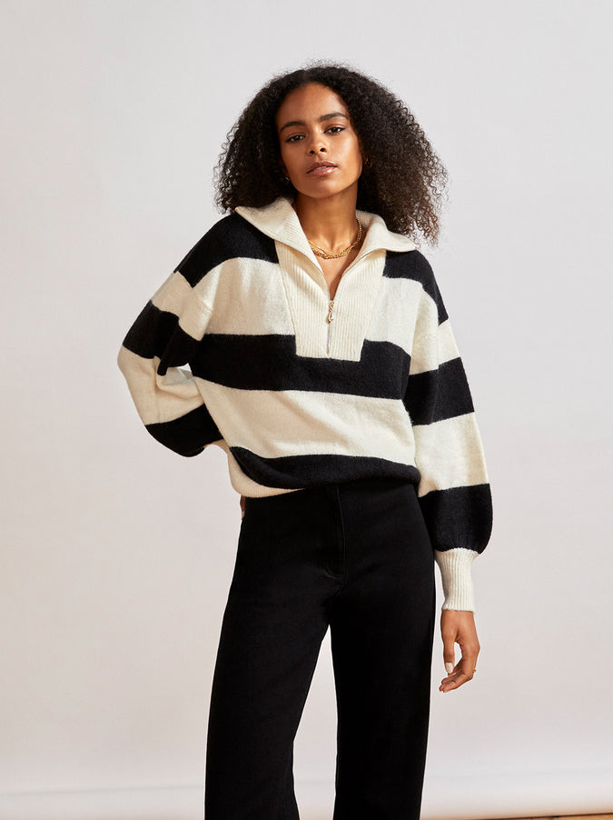 Lorna Black Striped Alpaca Blend Zip Collar Sweater by KITRI Studio