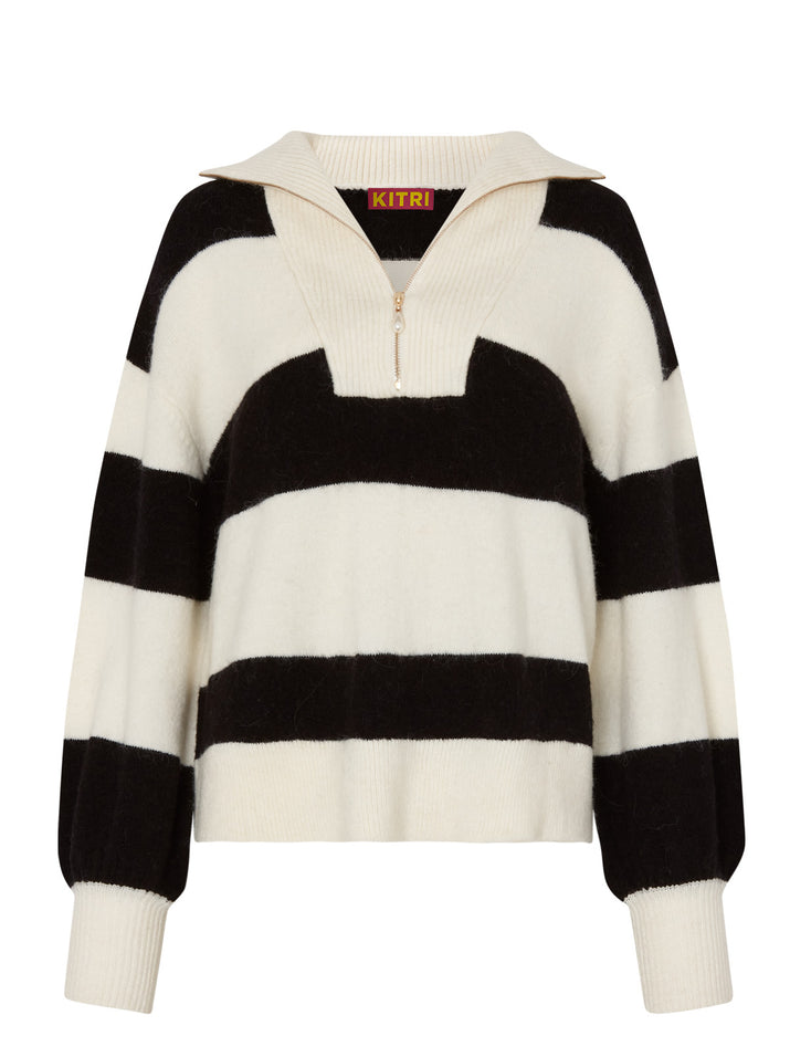 Lorna Black Striped Alpaca Blend Zip Collar Sweater | KITRI Studio