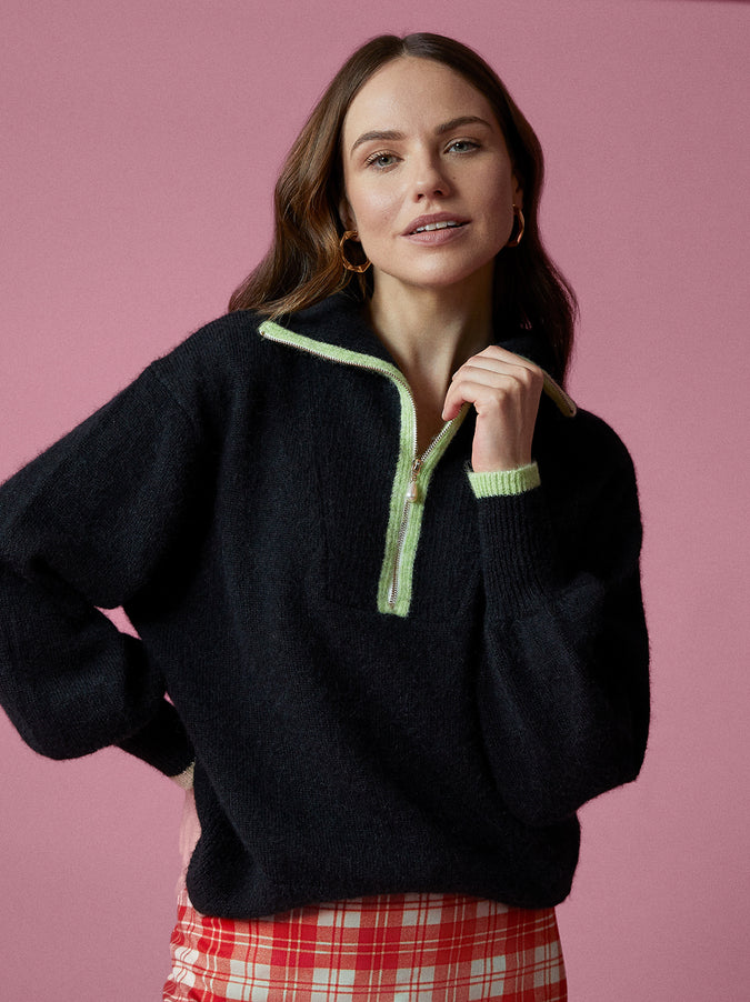 Lorna Black/Green Alpaca Blend Zip Collar Sweater by KITRI Studio