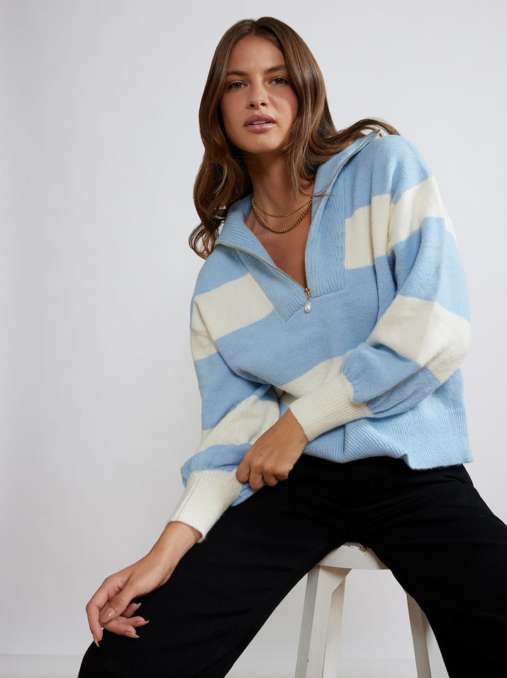 Lorna Blue Striped Alpaca Blend Zip Collar Sweater by KITRI Studio