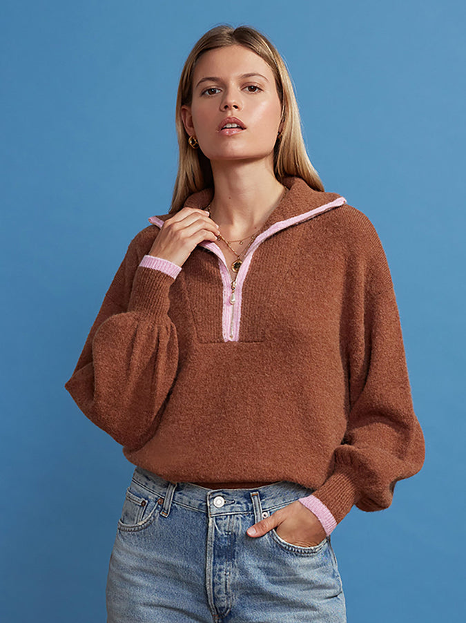 Lorna Chocolate Brown Half-Zip Sweater by KITRI Studio