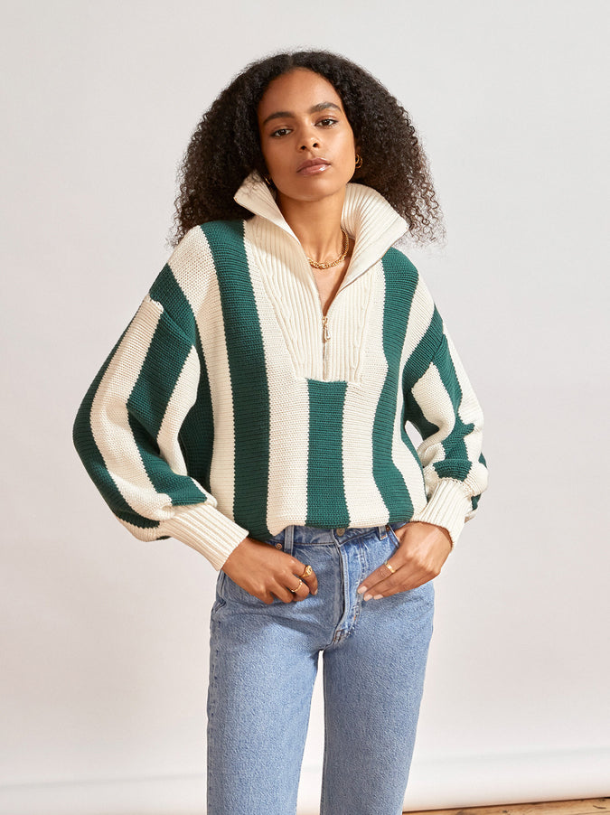 Lorna Green Stripe Zip Collar Cotton Sweater by KITRI Studio