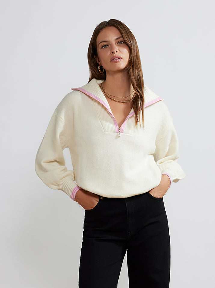 Lorna Ivory Alpaca Blend Zip Collar Sweater by KITRI Studio