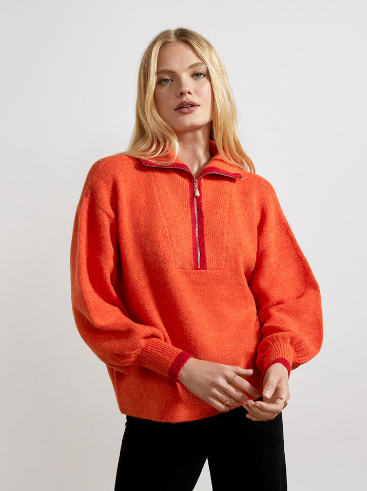 Lorna Orange Alpaca Blend Zip Collar Sweater by KITRI Studio