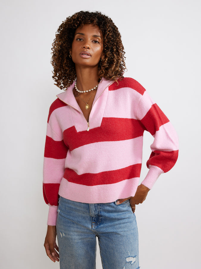 Lorna Pink Striped Alpaca Blend Zip Collar Sweater by KITRI Studio