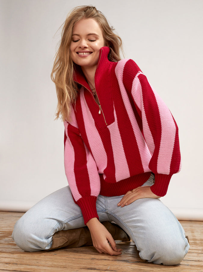 Lorna Pink Stripe Zip Collar Cotton Sweater by KITRI Studio