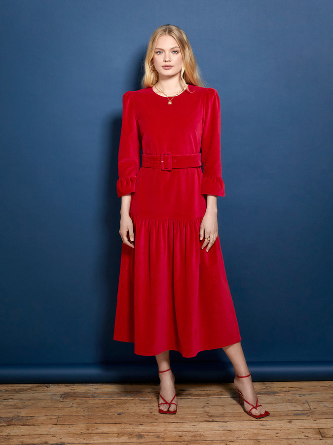 Luna Red Cotton Velvet Midi Dress by KITRI Studio