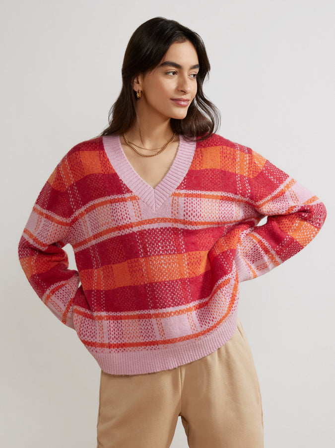 Maeby Pink Check V-Neck Sweater by KITRI Studio