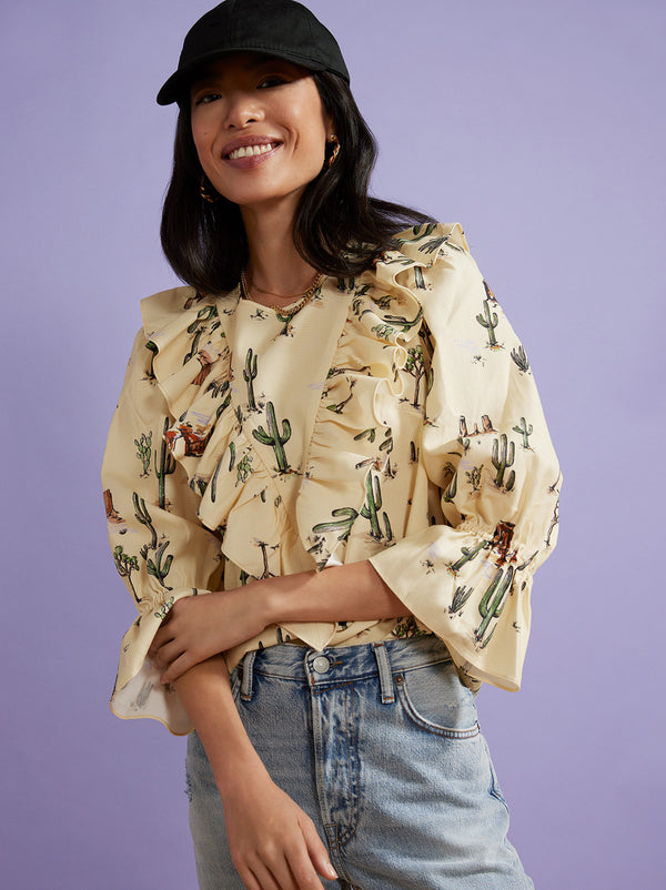 Magri Joshua Tree Print Frill Top by KITRI Studio