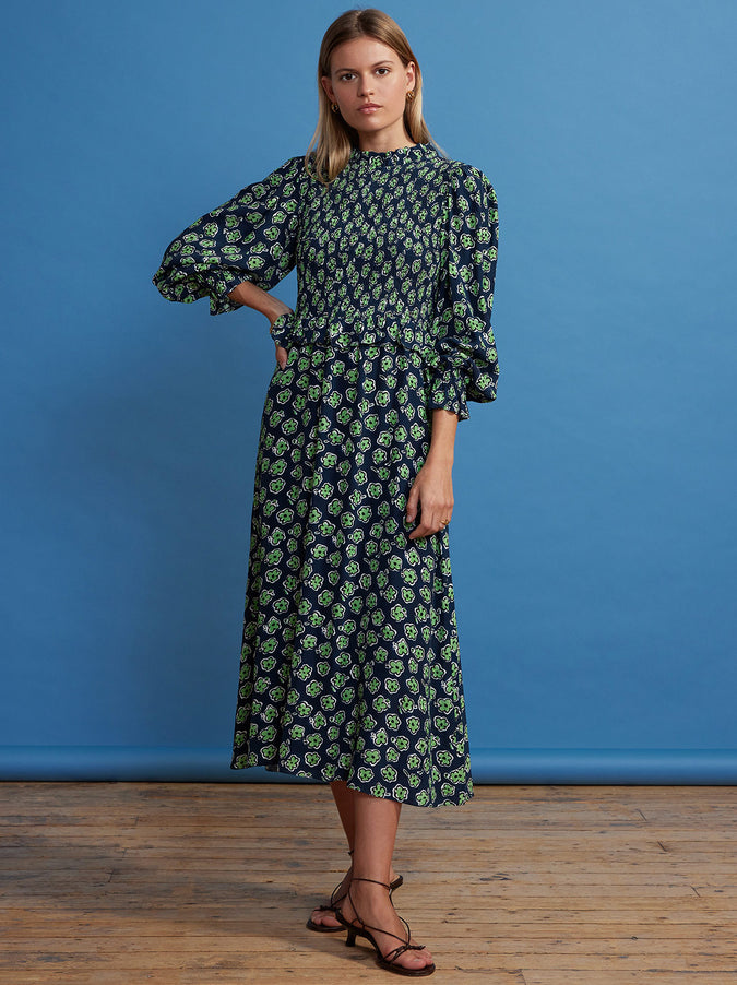 Marcia Blue Painted Floral Shirred Dress by KITRI Studio