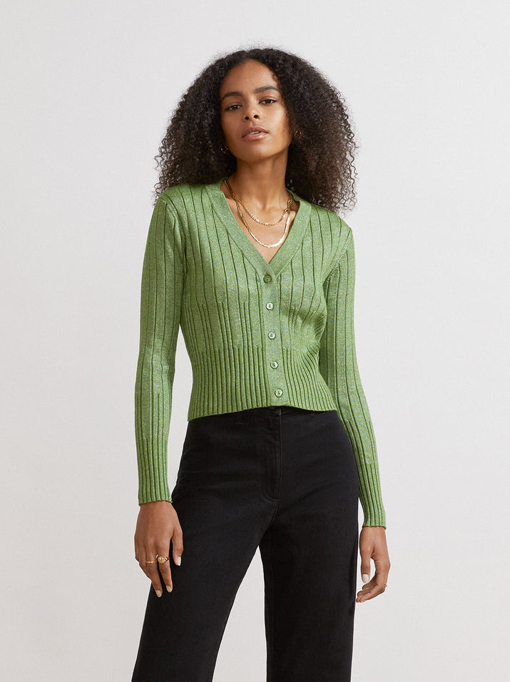 Ribbed Cropped Cardigan with V-Neckline