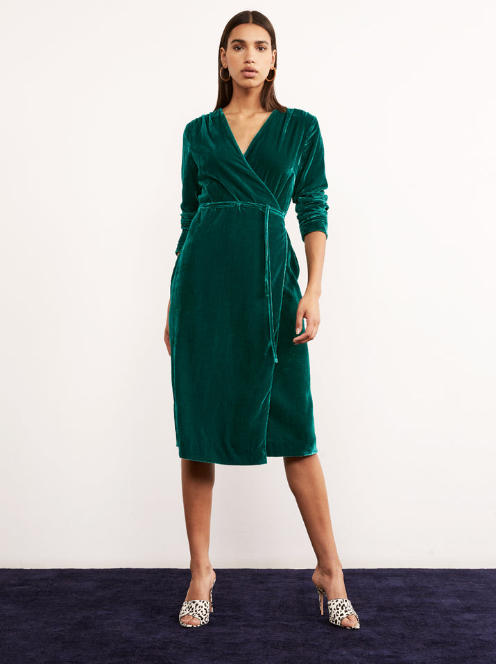 Maya Green Velvet Wrap Midi Dress by KITRI Studio