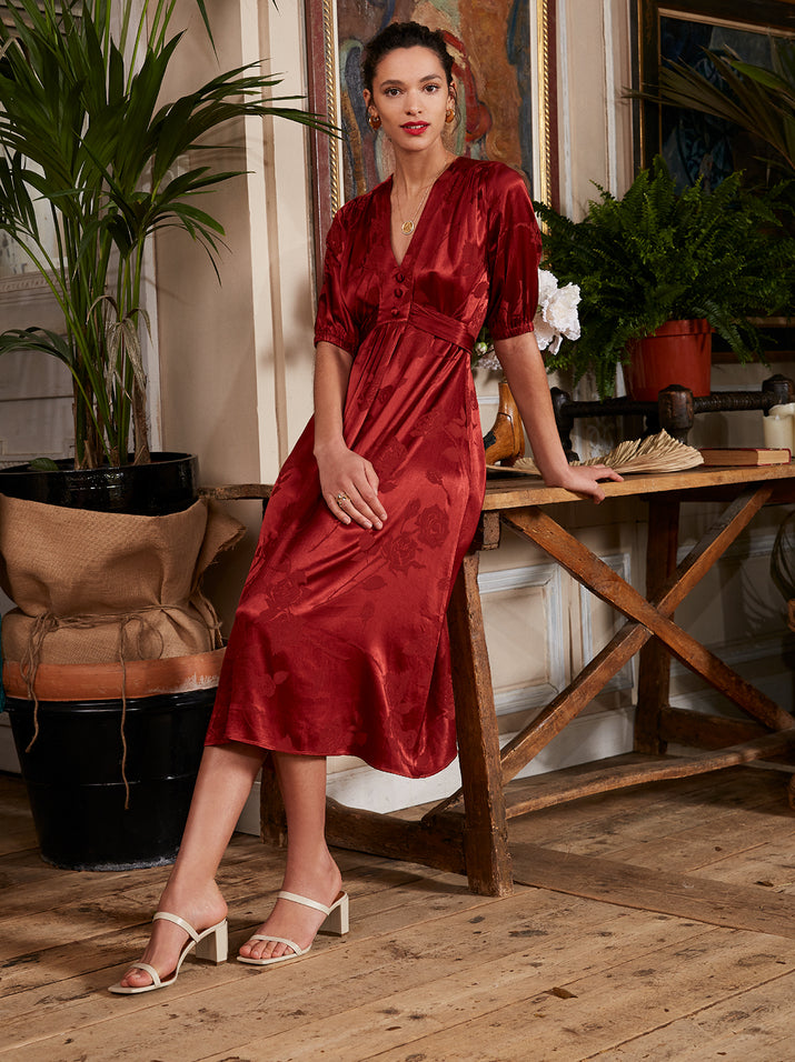 Minka Rust Red Jacquard Tea Dress by KITRI Studio