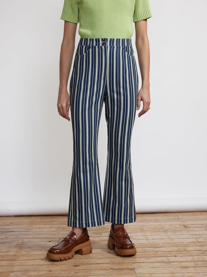 Nadia Blue Stripe Flared Cotton Canvas Trousers by KITRI Studio