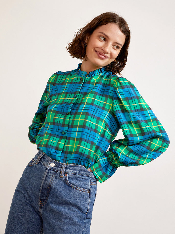 Ophelia Green/Blue Check Frill Top | KITRI Studio