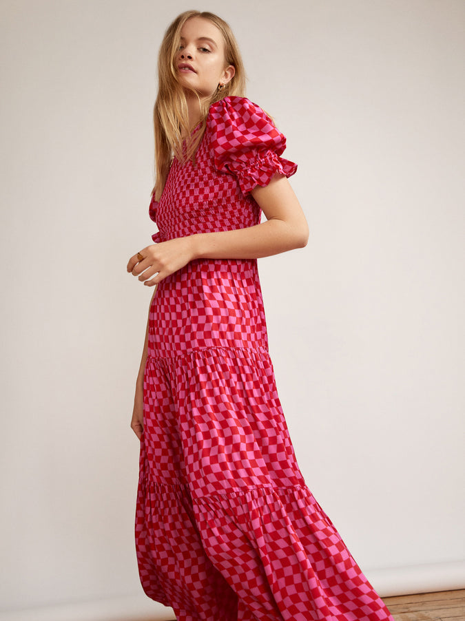  Persephone Shirred Pink Checker Dress by KITRI Studio