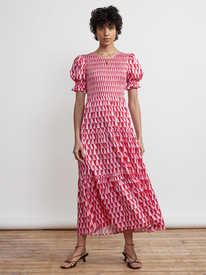 Persephone Shirred Pink Tile Print Dress by KITRI Studio