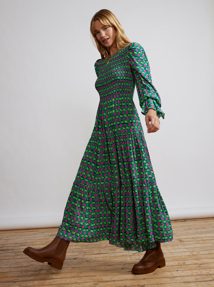 Petra Green Linear Floral Shirred Dress by KITRI Studio