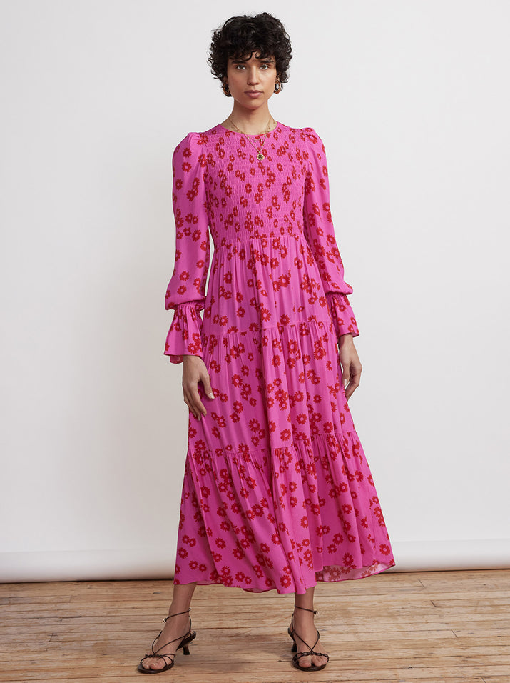 Petra Pink Daisy Print Shirred Dress by KITRI Studio