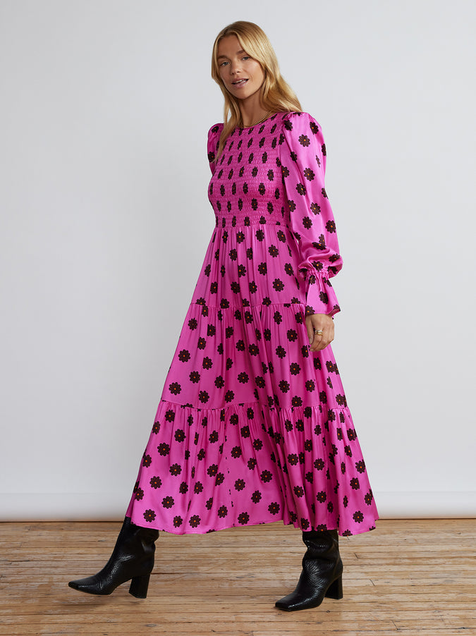 Petra Pink Retro Floral Shirred Dress by KITRI Studio