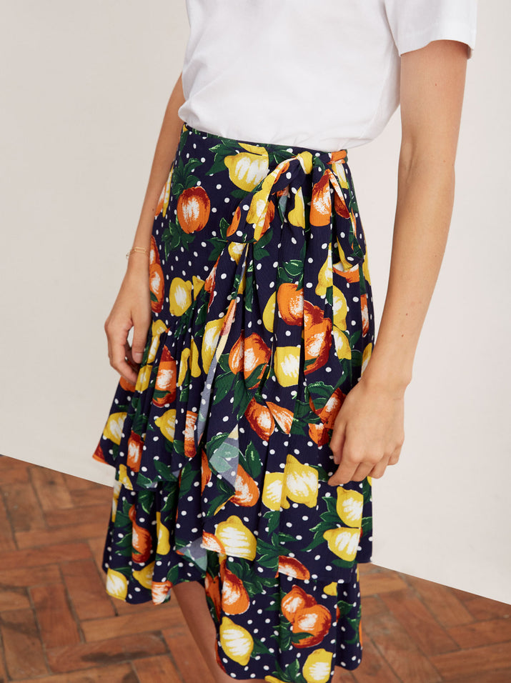 Petulia Fruit Print Wrap Midi Skirt by KITRI Studio