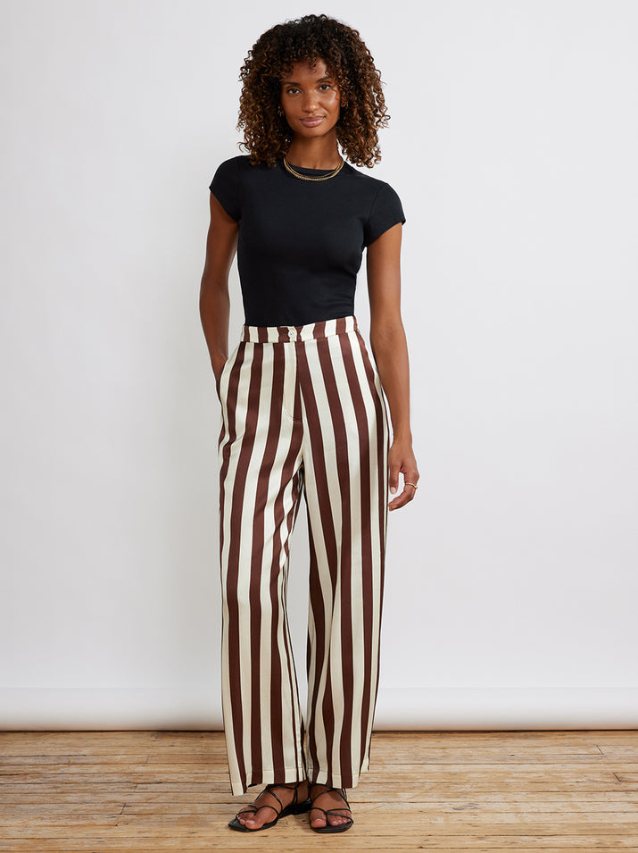 Phoenix Chocolate Striped Satin Trousers by KITRI Studio